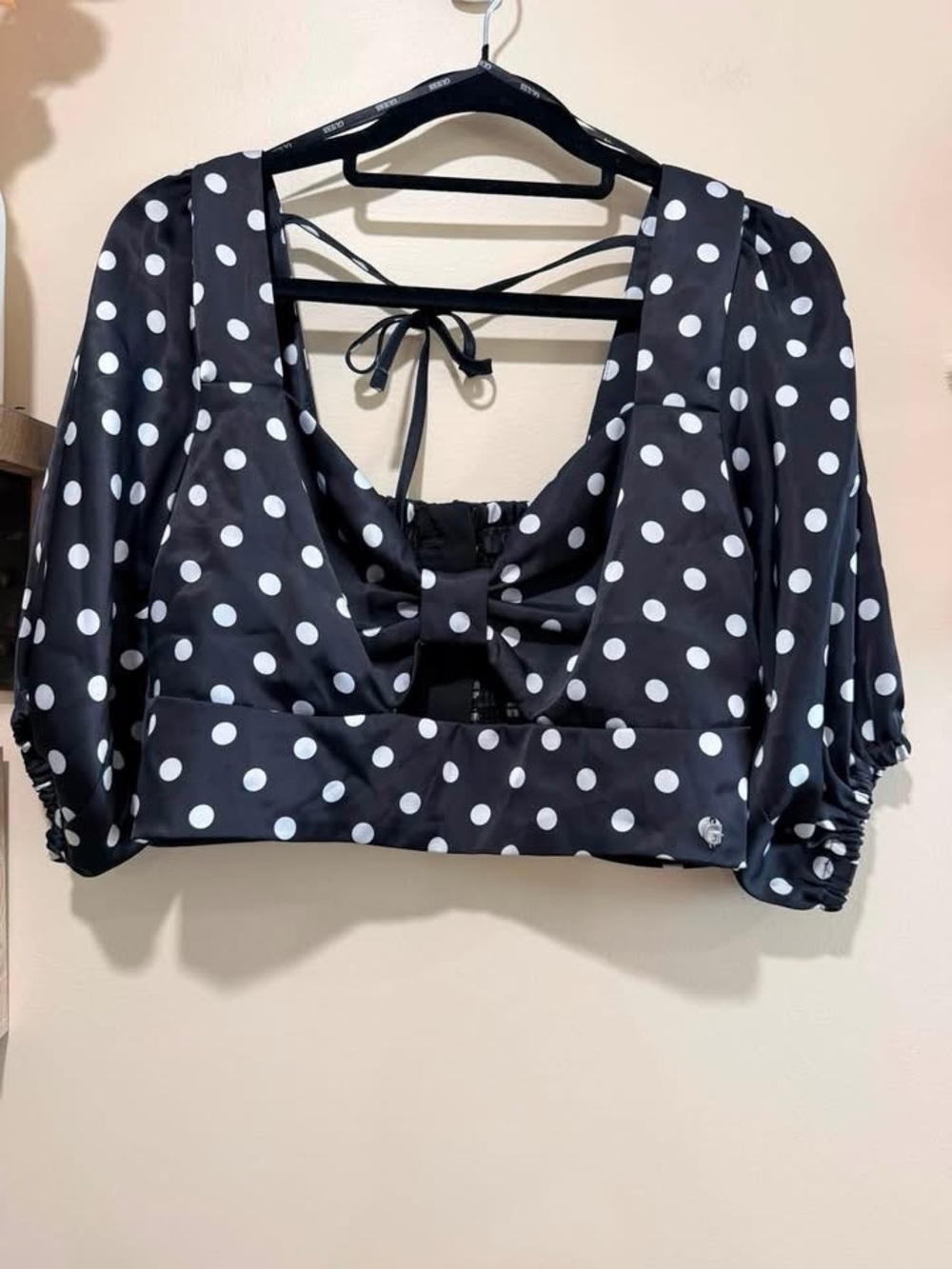 Guess Black and White Polka Dot Tie-Back Crop Top